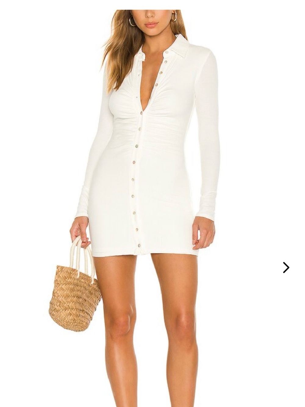 White Button-Front Long Sleeve Mini Dress